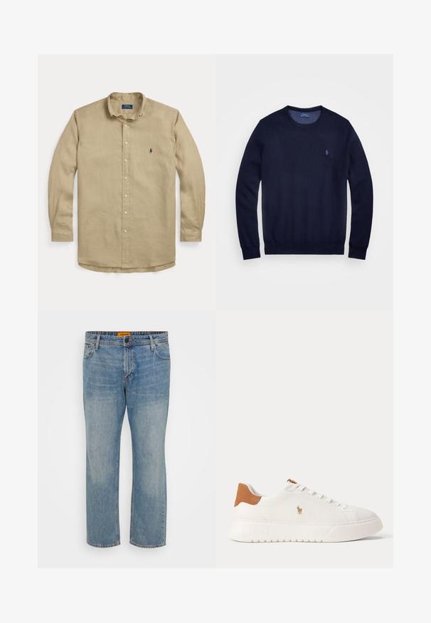 Mørkeblå strikket sweater med rund hals, lange ærmer og lille broderet logo på venstre bryst. Glat tekstur.; Beige langærmet skjorte med knapper, krave, forreste knapper og lille mørkeblå broderet logo på venstre bryst.; Lyseblå denim jeans med lige ben, der har fem lommer, knaplukning og orange mærke på taljebåndet.; Hvid lavtop sneaker med tan hælfane, hvide snørebånd og lille broderet polo-spiller logo på siden over en tyk sål.