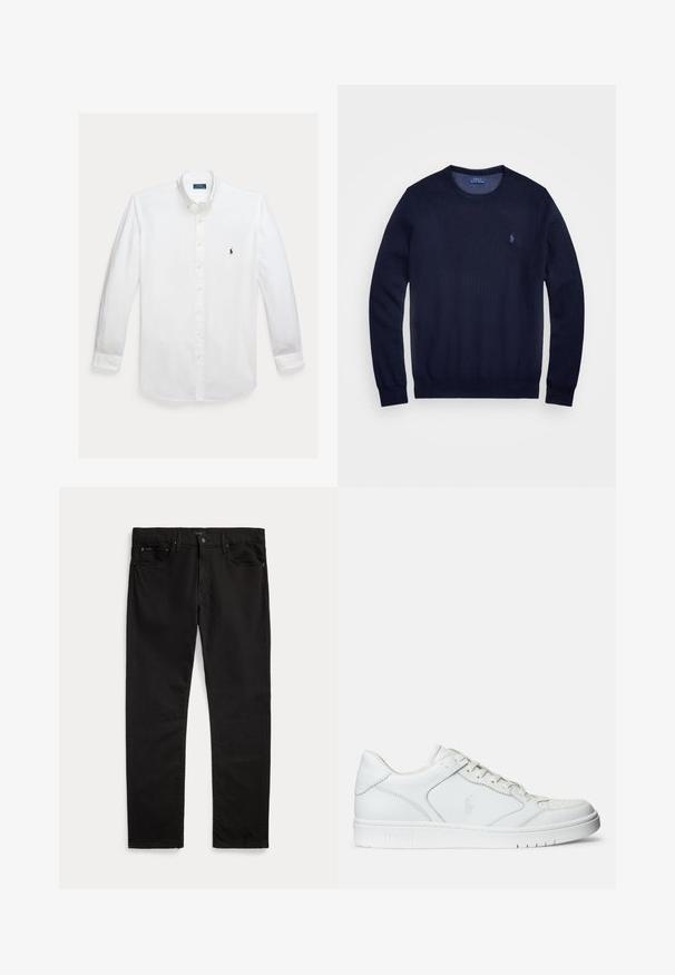 Mørkeblå strikket sweater med rund hals, lange ærmer og lille broderet logo på venstre bryst. Glat tekstur.; Hvid skjorte med lange ærmer, knapper foran, krave og lille mørkeblå Polo Ralph Lauren logo broderet på brystet.; Sorte jeans med lige ben med for- og baglommer, bæltestropper, knaplukning og et diskret mærke på linningen og lommen.; Hvide lædersneakers med en glat tekstur, der har en perforeret tå, snørebåndslukning og broderet logo på siden. Hvid gummisål.