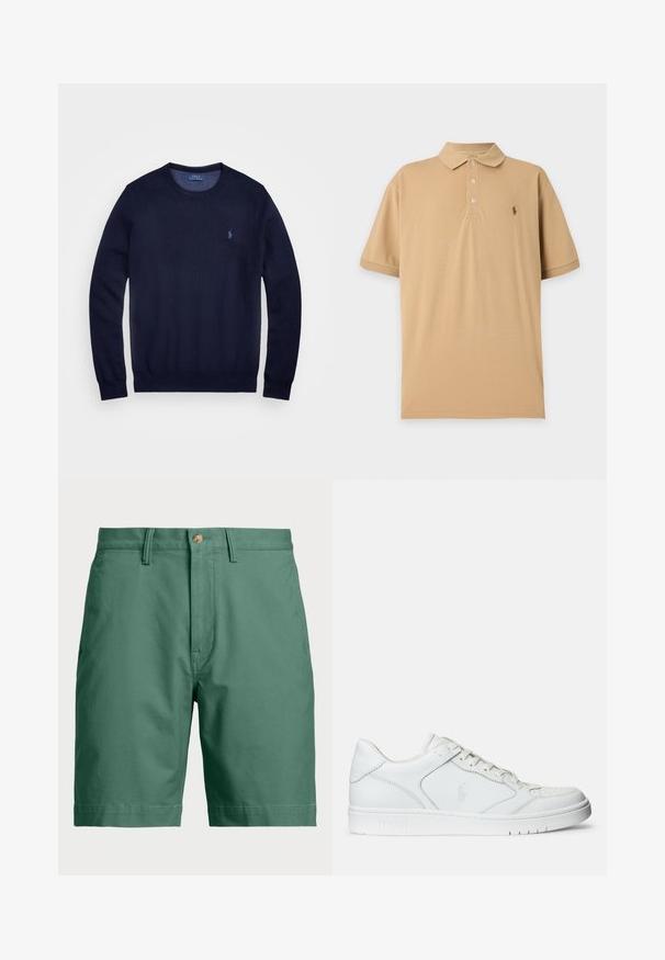 Tumesinine kudum sweater, ümar kaelus, pikad varrukad ja väikese tikitud logoga vasakul rinnal. Sile tekstuur.; Beež lühikeste varrukatega polosärk, millel on kolm nööpi ja vasaku rinna peal väike tikitud logo, ühevärvilise taustaga.; Roheline puuvillane šorts, millel on nööbi kinnitamine ja vööloopide jaoks augud. Lihtne disain sirge lõikega, ilma nähtavate mustrite või rõhutusteta.; Valged nahast spordijalatsid siledast materjalist, millel on ventilatsiooniga varvas, paelad ja kõrvale brodeeritud logo. Valge kummitald.