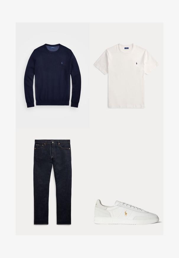 Suéter de punto azul marino con cuello redondo, mangas largas y pequeño logo bordado en el lado izquierdo del pecho. Textura suave.; Camiseta blanca de manga corta y cuello redondo con pequeño logo Polo Ralph Lauren azul oscuro en el pecho izquierdo.; Vaqueros de mezclilla azul oscuro con cinco bolsillos, cierre de botón y cremallera, y costuras doradas visibles, mostrados planos sobre un fondo claro.; Zapatilla blanca de caña baja con diseño de cordones, logo dorado de Polo Ralph Lauren en el lateral y suela texturizada sobre un fondo liso.