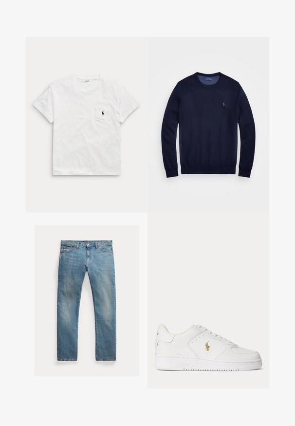 Tumesinine kudum sweater, ümar kaelus, pikad varrukad ja väikese tikitud logoga vasakul rinnal. Sile tekstuur.; Valge lühikeste varrukatega ümar kaelusega T-särk rinnataskuga, millel on väike tume polo mängija logo.; Hele sinine teksapüksid sirge lõikega, nööbiliuguriga kinnitamine, viis taskut, peen kulumine ja õmbluse aktsendid.; Valged madala säärega nahast tossud valgete nööpide ja külgedel kuldse Polo Ralph Laureni logoga ning "Polo" tallale reljeefselt pressitud.