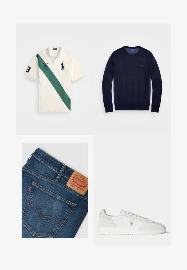 Mørkeblå strikket sweater med rund hals, lange ærmer og lille broderet logo på venstre bryst. Glat tekstur.; Polo skjorte i cremet farve med en skrå grøn stribe, der har marineblå broderi af en polospiller, "P" logo og nummer "3" på ærmet.; Baglomme og linning på blå Levi's 502 jeans med lædermærke og rød Levi's stofmærkat.; Hvid lavtop sneaker med snøredesign, guldfarvet Polo Ralph Lauren-logo på siden og tekstureret sål på en ensfarvet baggrund.