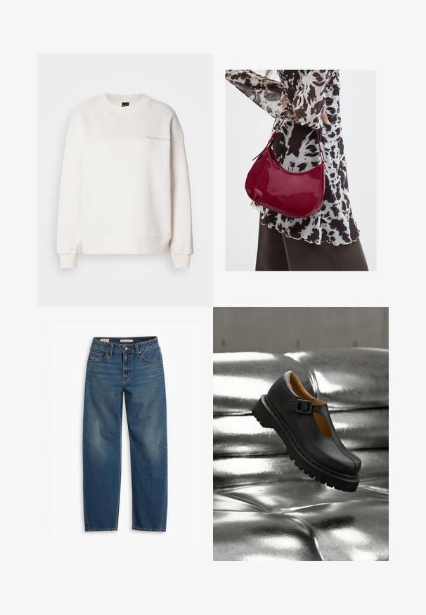 Hvid sweatshirt lavet af en bomuldsblanding. Har en rund halsudskæring, sænkede skuldre og subtil broderet tekst på brystet.; Blå denim jeans med en afslappet pasform, der har høj talje, lige ben, synligt syning og en lille detalje på venstre knæ.; Sort læder Mary Jane-sko med tyk rillede sål og spænde-rem, svævende over en skinnende sølvfarvet polstret overflade.; Kvinde iført en sort- og hvidmønstret bluse, der holder en blank rød skuldertaske mod en ensfarvet baggrund.