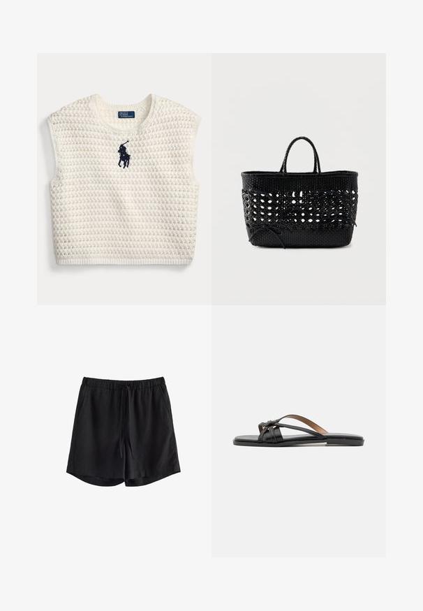 Gilet sans manches blanc tricoté avec motif texturé et logo Polo Ralph Lauren bleu marine sur la poitrine.; Shorts décontractés noirs avec taille élastique, cordon ajustable et poches latérales sur fond blanc.; Sandales en cuir noir à tongs avec de fines lanières croisées et une semelle plate, arborant un design minimaliste et une texture lisse.; Sac fourre-tout noir tissé avec des poignées tressées et des détails décoratifs à lacets sur le devant et les côtés sur un fond uni.