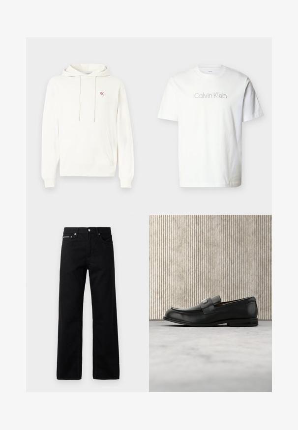 Weißer Hoodie aus Baumwollmischung mit Kängurutasche, Kapuze mit Kordelzug und kleinem roten CK-Logo auf der Brust.; Weißes T-Shirt mit kurzen Ärmeln aus Baumwolle, mit einem grauen "Calvin Klein"-Logo auf der Brust in minimalistischer Schrift.; Schwarze Denim-Jeans mit geradem Bein, fünf Taschen und einem Logotag auf der Vorderseite, mit Metallbeschlägen und einer glatten Textur.; Schwarzer Lederloafer mit einer Metallmarkenplatte, der nahe einem braunen runden Tisch auf beigem Teppichboden ruht.
