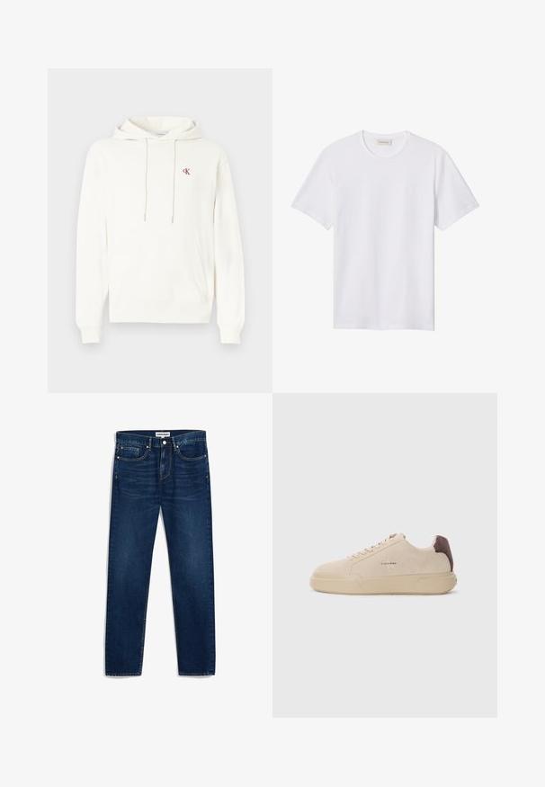 Weißer Hoodie aus Baumwollmischung mit Kängurutasche, Kapuze mit Kordelzug und kleinem roten CK-Logo auf der Brust.; Ein schlichtes weißes T-Shirt mit kurzen Ärmeln und Rundhalsausschnitt, mit einem kleinen, geprägten Logo auf der linken Brust und einem Markenlabel im Kragen.; Dunkelblaue Jeans aus Denim mit geradem Schnitt, fünf Taschen und Kontrastnähten. Mit Knopfverschluss und Reißverschluss.; Beige Wildleder-Sneaker mit runder Spitze, Schnürung vorne und einem braunen Wildlederakzent an der Ferse. Verfügt über eine strukturierte Gummisohle.