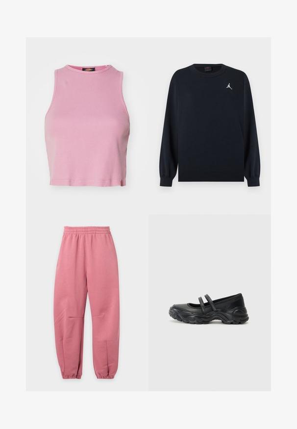 Sudadera negra de manga larga con cuello redondo, puños y dobladillo acanalados, con un pequeño logo blanco de Jumpman en el pecho izquierdo.; Top corto de canalé rosa con cuello redondo y diseño sin mangas. Presenta un dobladillo que termina justo por encima de la cintura.; Pantalones deportivos jogger rosas con cintura y tobillos elásticos y un ajuste relajado, mostrados sobre un fondo blanco liso.; Bailarinas de charol negro con dos correas ajustables, puntera redonda y suela de goma texturizada para mayor agarre.