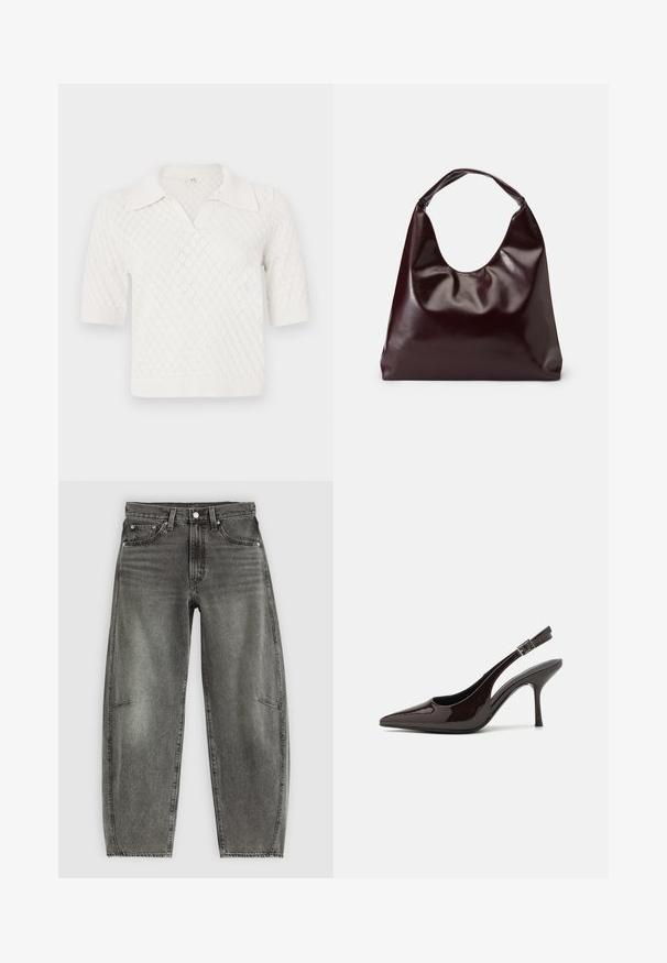 Kortærmet, hvid strikket polo-shirt med diamantmønster, der har en klassisk krave samt ribbet manchetter og kant.; Højtaljede gråvaskede denimjeans med fem lommer, knaplukning og en afslappet lige pasform.; Slingback højhælet sko i glat mørkebrun patenteret læder, spids tå, åbne sider og justerbar ankelrem.; Bordeaux, skinnende vegansk læder tote taske med en blød, skulpturel form og et bredt, buet håndtag for nem bæring.