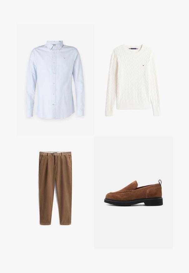 Witte kabelgebreide trui met lange mouwen, ronde hals en klein Tommy Hilfiger vlaglogo op de borst.; Lichtblauw lang sleevenshirt met een button-down kraag, geweven stof, frontale knoopsluiting en klein geborduurd logo op de borst.; Bruine corduroy broek met een recht model, voorzien van twee voorzakken, een enkele knoopsluiting en textuur van verticale ribbels.; Bruine suede instappers met een ronde neus, zwarte rubberen zool en een kleine hak. Voorzien van decoratieve stiksels op de bovenkant.