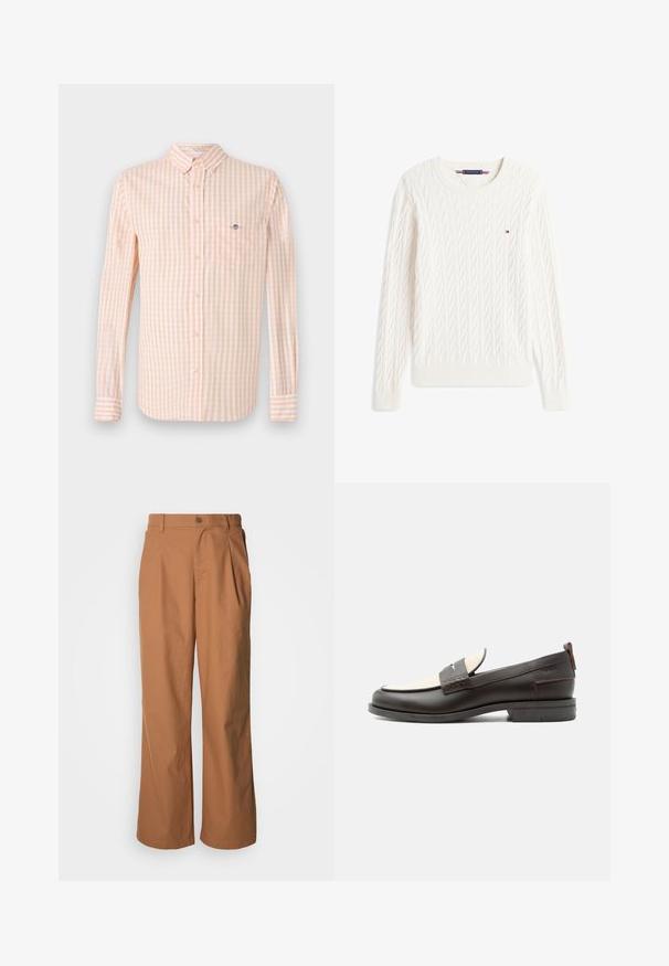Witte kabelgebreide trui met lange mouwen, ronde hals en klein Tommy Hilfiger vlaglogo op de borst.; Lichtoranje en witte geruite stoffen shirt met lange mouwen, button-down kraag en borstzak. Bevat een subtiele logo op de zak.; Wijde broekspijpen van een warmbruine stof, voorzien van een knoopsluiting aan de voorkant, subtiele plooien en een recht model voor een ontspannen pasvorm.; Donkerbruine leren herenloafer met crèmekleurig stoffen paneel en klassiek doorgestikt riemdetail, platte zool en trekhaak bij de hak.