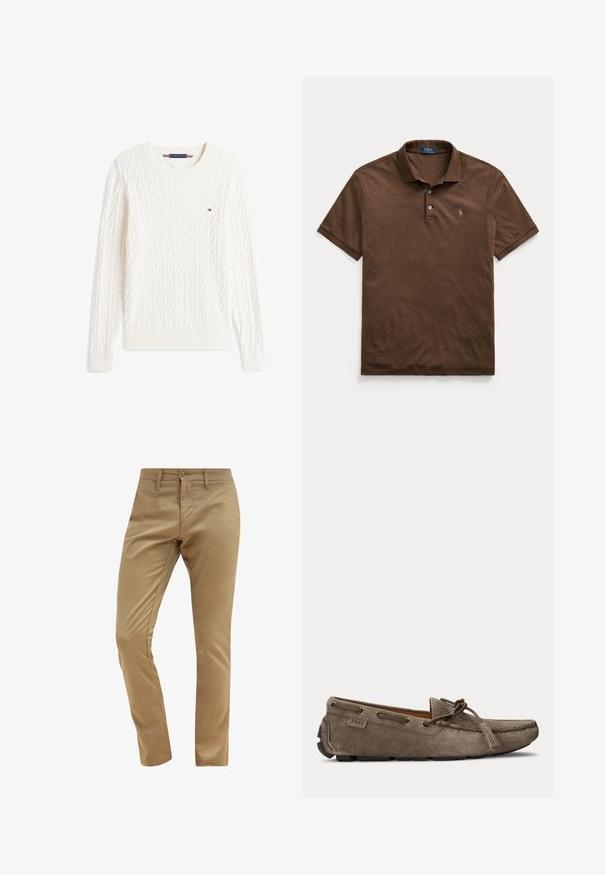 Hvid kabelstrikket langærmet sweater med rund hals og lille Tommy Hilfiger flaglogo på brystet.; Brun kortærmet polo med krave og to knapper, med et lille broderet Polo Ralph Lauren-logo på venstre bryst.; Beige chinos med en glat tekstur, slim fit, knaplukning og bæltestropper, der har et standard design til forlommer.; Lysebrun ruskindsslipper med snøre- og duskedetalje, syet moc-tå og gummiydersål, sidevisning.