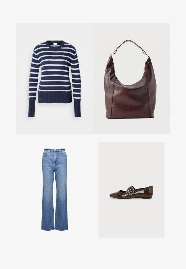 Suéter de punto a rayas en azul marino y blanco con cuello redondo, ribete acanalado y mangas largas. Textura suave con un sutil patrón horizontal.; Jeans azules de talle alto y acampanados con una textura de mezclilla clásica, que cuentan con cinco bolsillos y cierre con cremallera. Diseño minimalista y detalles de costura.; Zapato plano de charol marrón oscuro con punta afilada y tres tiras finas con hebillas doradas en la parte superior.; Bolso de hombro de cuero marrón oscuro con una sola correa ajustable, parte superior ligeramente curva y cierre de cremallera en un lado.