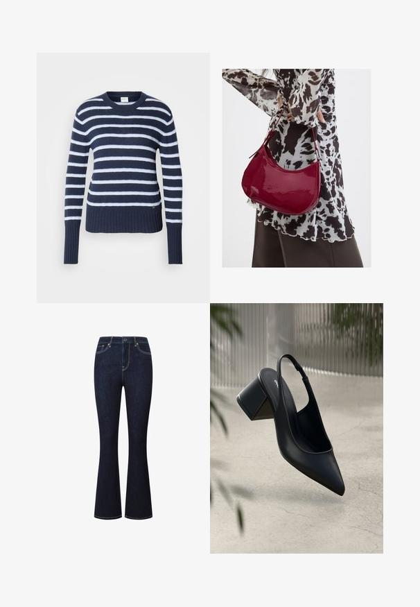 Marineblå og hvide stribede strikkede sweater med rund halsudskæring, ribbet kant og lange ærmer. Blød tekstur med subtilt horisontalt mønster.; Mørkeblå denim flare jeans med høj talje, fem lommer og gul syning langs sømmene. Glat tekstur, almindelig pasform.; Sort læder slingback hæl med spids tå og blokhæl. Glat tekstur, minimalistisk design og justerbar ankelrem.; Kvinde iført en sort- og hvidmønstret bluse, der holder en blank rød skuldertaske mod en ensfarvet baggrund.
