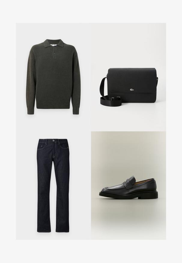Suéter color verde oscuro con cuello tipo polo, tapeta de dos botones y dobladillo acanalado. Fabricado con un material texturizado y suave.; Jeans de mezclilla azul oscuro con un diseño de pierna recta, que cuentan con un estilo estándar de cinco bolsillos y costuras en contraste con un cierre de botón.; Mocasín de hombre de cuero negro con tacón bajo y detalle de correa en la parte superior, mostrado de perfil sobre un fondo neutro.; Bolso cruzado de cuero negro con una textura suave, tapa frontal, acento con logo plateado y correa de tela ajustable.