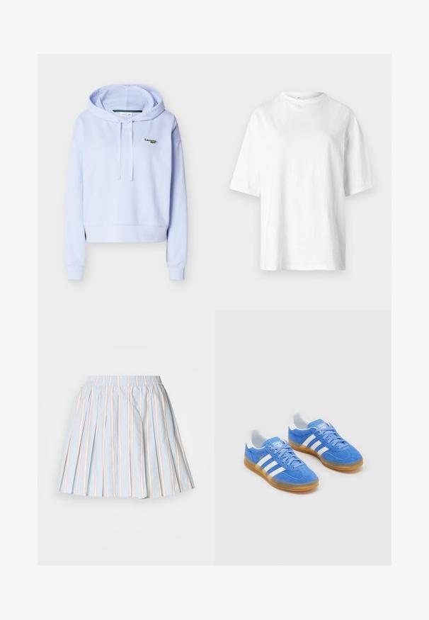 Lyse lilla hættetrøje med lange ærmer, snore og lille Lacoste-logo på øverste venstre bryst.; Hvid bomulds t-shirt med rund halsudskæring, korte ærmer og en løs pasform. Stoffet ser glat og let ud.; Lys blå plisseret nederdel med lodrette striber i pink og hvid. Har et elastisk taljebånd. Lavet af et glat, let stof.; Blå ruskinds sportsko med hvide stribede detaljer, gummisål og polstret krave for komfort. Har klassisk snørebåndsdesign.