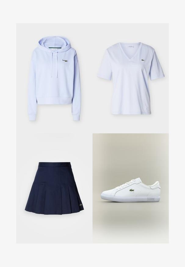 Sweat à capuche violet clair avec manches longues, cordons de serrage et petit logo Lacoste sur le haut gauche de la poitrine.; Chemise bleu clair à col en V et manches courtes avec un petit logo crocodile vert sur le côté gauche de la poitrine, présentée sur un fond uni.; Jupe plissée bleu marine avec une taille ajustée, fabriquée à partir d'un tissu lisse. Présente un petit logo Lacoste sur l'ourlet.; Baskets basses blanches avec lacets blancs, logo crocodile vert sur le côté et étiquette "Lacoste" sur la semelle, le tout sur un fond neutre.