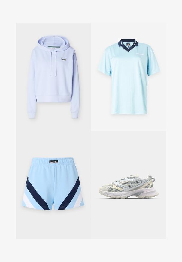 Hellvioletter Kapuzenpullover mit langen Ärmeln, Kordelzug und kleinem Lacoste-Logo auf der oberen linken Brustseite.; Hellblauses Polo-Shirt mit kurzen Ärmeln und einem Marinekragen. Vertikale Nadelstreifen und Logo-Akzent auf der Vorderseite. Glattes, leichtes Material.; Hellblaue Sportshorts mit marineblauen und weißen Chevron-Streifen sowie einem elastischen Bund mit einem schwarzen Etikett und weißem Text.; Mesh-Sportschuh in Grau und Creme, mit strukturiertem Obermaterial, verstärkter Spitze und einer hellen, robusten Laufsohle für besseren Halt.