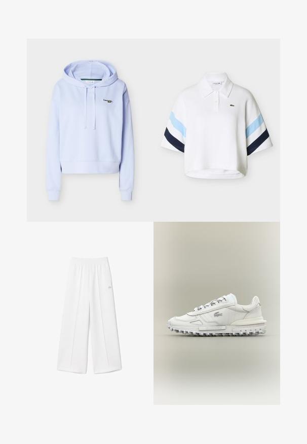 Lichtpaars sweatshirt met capuchon, lange mouwen, trekkoorden en klein Lacoste-logo op de linkerborst.; Witte cropped poloshirt met lichtblauwe en marineblauwe strepen op de mouwen en een klein groen krokodillenlogo op de borst.; Witte wijde broek met een elastische tailleband, zachte stofstructuur, centrale plooien en een klein geborduurd Lacoste-logo aan de zijkant.; Witte lage sneaker met gestructureerde zool, vetersluiting en klein logo aan de zijkant tegen een effen neutrale achtergrond.