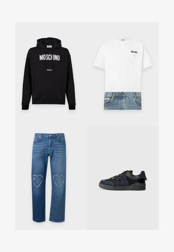 Čierna bavlnená mikina s kapucňou so šnúrkou, predným klokanie vreckom a bielym logom "MOSCHINO" a nápisom "Milano". Hladký materiál, klasický strih.; Biele tričko s potlačou z rifľoviny v spodnej časti, s vreckami a švami. Logo "Moschino" vytlačené na ľavej hornej strane.; Modré džínsy z denimu s vysokým pásom, rovnými nohavicami a otrhanými výrezmi v tvare srdca na oboch kolenách.; Čierne a námornícke tenisky sú vyrobené z semišových a sieťovinových materiálov, majú hrubú podrážku a výrazný výrez v tvare "M" na boku.