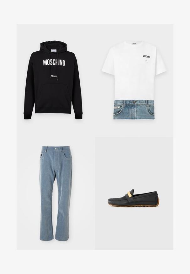Schwarzer Baumwoll-Hoodie mit Kängurutasche, Kordelzugkapuze und weißem "MOSCHINO"- und "Milano"-Logotext. Glatte Textur, klassischer Schnitt.; Weißes T-Shirt mit Jeans-Print am unteren Teil, mit Taschen und Nähten. "Moschino"-Logo auf der oberen linken Seite gedruckt.; Hellblaue Cordhosen mit Knopf- und Reißverschluss, Fronttaschen und geradem Bein auf weißem Hintergrund.; Schwarze Lederloafers mit einem goldenen metallischen Akzentband, runder Zehenform und Gummisohle mit geriffelter Textur und Grip-Details.