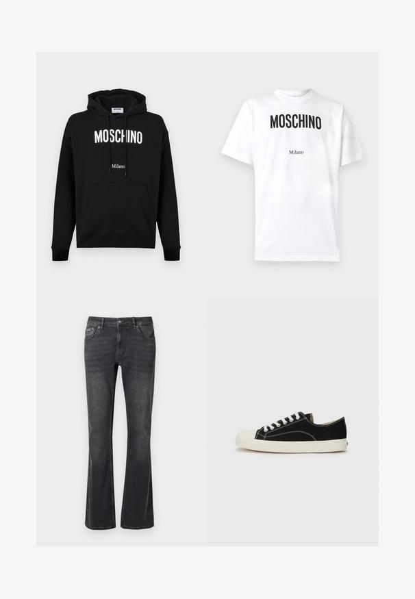 Sudadera con capucha de algodón negro con bolsillo tipo canguro, capucha con cordón y texto del logo en blanco "MOSCHINO" y "Milano". Textura suave, ajuste clásico.; Camiseta blanca de algodón con un texto negro y audaz "MOSCHINO" y un "Milano" más pequeño debajo. Mangas cortas y diseño clásico de cuello redondo.; Jeans de mezclilla negra con diseño acampanado, cinco bolsillos y cierre de botón metálico. La tela tiene una textura suave con un ligero desgaste.; Zapatillas de lona negras con costuras blancas, puntera redonda de goma y cordones blancos. Presentan un upper de tejido texturizado y suela beige.