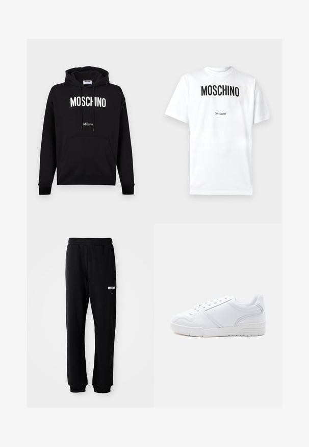 Čierna bavlnená mikina s kapucňou so šnúrkou, predným klokanie vreckom a bielym logom "MOSCHINO" a nápisom "Milano". Hladký materiál, klasický strih.; Biele bavlnené tričko s výrazným čiernym nápisom "MOSCHINO" a menším "Milano" pod ním. Krátke rukávy a klasický okrúhly výstrih.; Čierne tepláky s relaxed fit strihom, vyrobené z mäkkého materiálu. Majú elastický pás a biele logo "Moschino" na ľavom stehne.; Biela nízka teniska so šnurovaním, hladkým syntetickým zvrškom a vzorovanou gumovou podrážkou na jednoduchom svetlom pozadí.