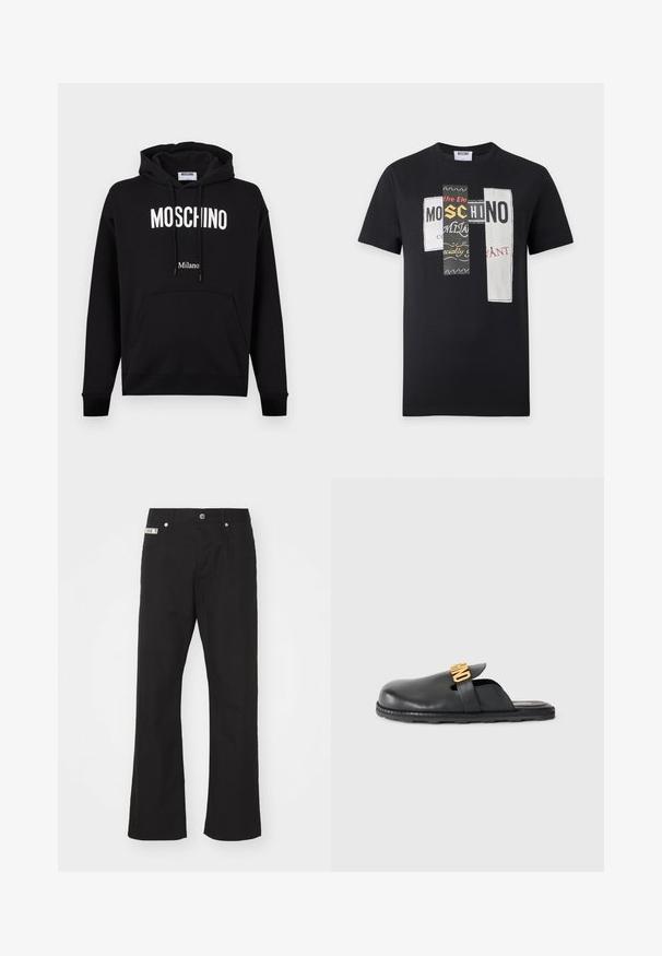 Sort bomulds-hoodie med kængurulomme, snøre i hætten og hvidt "MOSCHINO" og "Milano" logo tekst. Glat tekstur, klassisk pasform.; Sort T-shirt med korte ærmer med tre rektangulære mærker foran, med blandet tekst og grafisk design i hvid, sort, gul og rød.; Svarte bomuldsbukser med lige ben-design, der har en frontknaplukning, to sidelommer og et lille mærke på linningen.; Sort slip-on læder mule med en guldfarvet dekorativ remdetalje og en lav, tekstureret gummisål på en neutral baggrund.