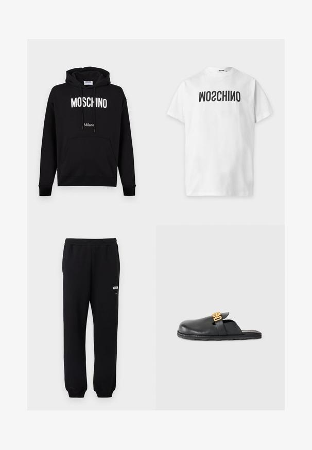 Čierna bavlnená mikina s kapucňou so šnúrkou, predným klokanie vreckom a bielym logom "MOSCHINO" a nápisom "Milano". Hladký materiál, klasický strih.; Biele tričko s krátkym rukávom s čiernym obráteným textom "MOSCHINO" na hrudi a okrúhlym výstrihom.; Čierne tepláky s elastickým pásom a manžetami, s malým bielym logom "Moschino" na hornej ľavej stehne.; Čierne kožené šlapky na plochom podošve s pozláteným dekoračným pásikom a nízkou textúrovanou gumovou podrážkou na jednoduchom pozadí.