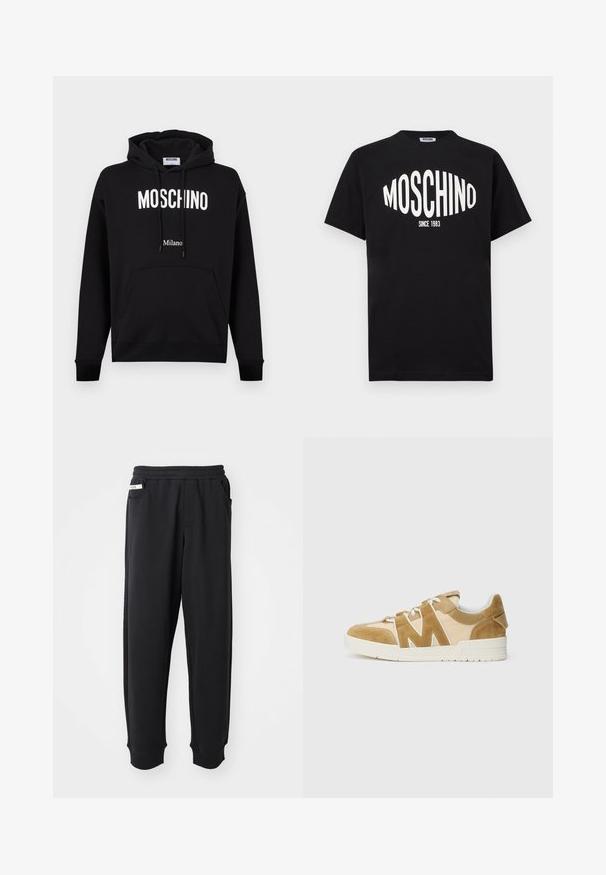 Schwarzer Baumwoll-Hoodie mit Kängurutasche, Kordelzugkapuze und weißem "MOSCHINO"- und "Milano"-Logotext. Glatte Textur, klassischer Schnitt.; Schwarzes Baumwoll-T-Shirt mit großem weißem "MOSCHINO"-Logo und dem Schriftzug "SINCE 1983", ausgestattet mit klassischem Rundhalsausschnitt und kurzen Ärmeln.; Schwarze Jogginghose aus weichem Stoff, mit einem elastischen Bund, seitlichen Taschen und gerippten Bündchen an den Knöcheln. Minimalistisches Design.; Beige und braune Sneaker mit einer Mischung aus Wildleder und Mesh, featuring ein markantes 'M' Ausschnitt Design, weißen Schnürsenkeln und einer strukturierten Gummisohle.