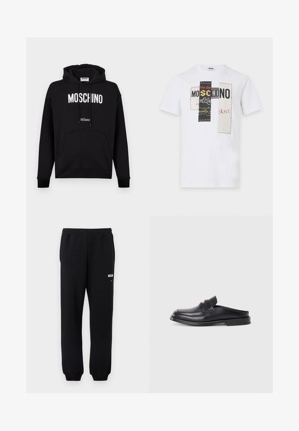 Sweat à capuche en coton noir avec poche kangourou, capuche à cordon de serrage et logo blanc "MOSCHINO" et "Milano". Texture lisse, coupe classique.; T-shirt blanc à manches courtes avec trois motifs de patchs verticaux présentant un texte fragmenté incluant "MOSCHINO" en lettres noires, jaunes et rouges.; Pantalon de survêtement noir avec taille et poignets élastiques, présentant un petit logo "Moschino" blanc sur la partie supérieure de la cuisse gauche.; Chaussure noire en cuir à enfiler avec un bout rond, un petit talon et des détails en tissage sur le dessus. Elle présente un style minimaliste et une texture lisse.
