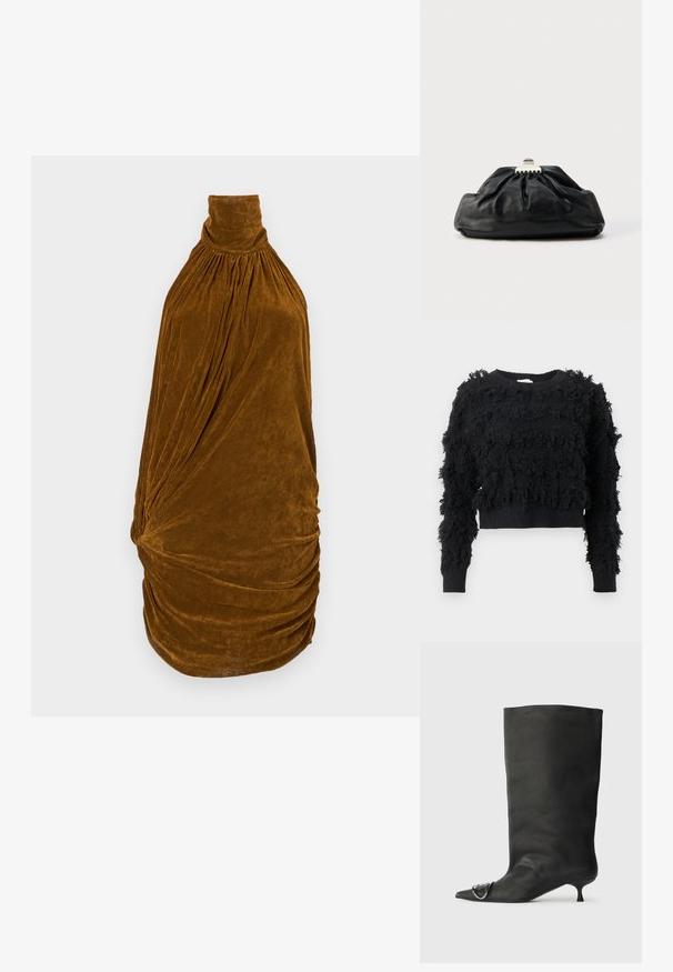 Pull noir court avec une surface texturée et duveteuse. Manches longues et col rond, arborant des motifs irréguliers sur tout le tissu.; Robe sans manches en velours marron avec un col montant froncé et des détails de drapé plissé sur le corsage et la jupe.; Bottines en cuir noir à bout pointu, petite talon et détail métallique sur le bout. Texture lisse et mate partout.; Pochette en cuir noir avec une texture plissée, fermeture à fermoir métallique, et logo embossé discret sur le devant. Forme arrondie.