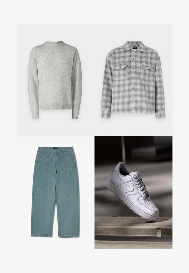 Heledad hall hallide sweater, kootud tekstuur, ümmargune kaelus, pikad varrukad, ribakujuline äär ja mansetid, lõdva lõikega, minimalismige disain.; Hallide hallide ruudulise mustriga flanellpusa, mis on pehme tekstuuriga, millel on nööbid ees, kaks rinnakotiga taskut ja pikad varrukad.; Heledad siniste värvi denimpüksid sirge lõikega, ees taskud ja peene tikandiga logo vöökoha lähedal.; Valge nahast Nike Air Force 1 tennisejalanõu, millel on perforatsiooniga varvas, lamedad paelad ja tekstureeritud kummist tallaga, millel on küljele märgitud "AIR".