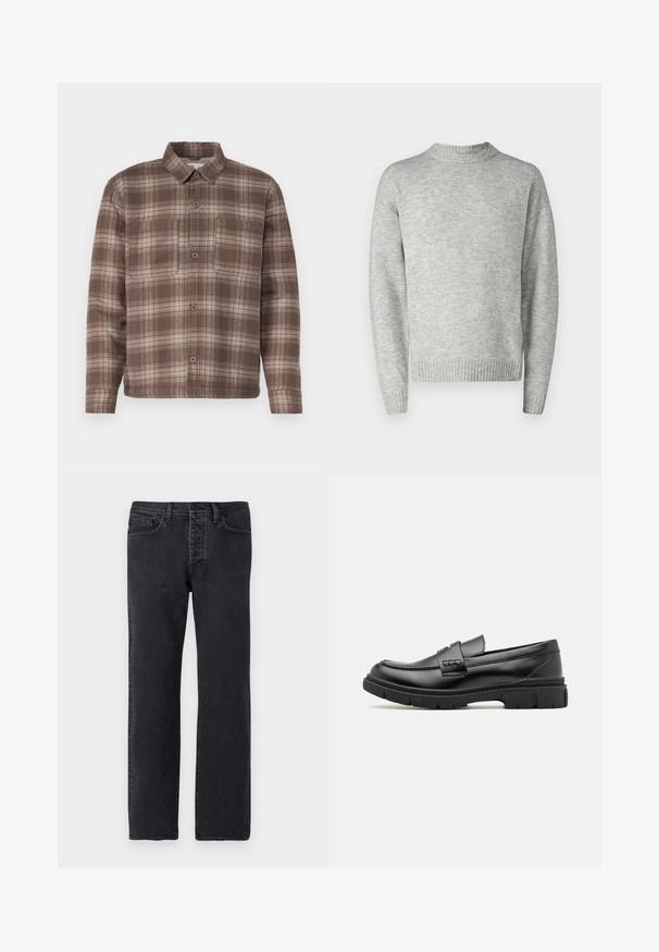 Helles grauer Pullover, gestrickte Textur, Rundhalsausschnitt, lange Ärmel, gerippter Saum und Bündchen, lockere Passform, minimalistisches Design.; Braun karierte Hemd mit spitzem Kragen, zwei Brusttaschen und Knopfschluss, aus einem weichen, strukturierten Stoff gefertigt.; Schwarze Denim-Jeans mit geradem Bein, fünf Taschen, Gürtelschlaufen und minimalen Nähten. Hergestellt aus weichem, strukturiertem Baumwollstoff.; Schwarze Lederloafer mit einem breiten Riemen über dem Rist, Gummisohle mit dicken Profilen und glatter Textur. Klassisches, schlankes Design.