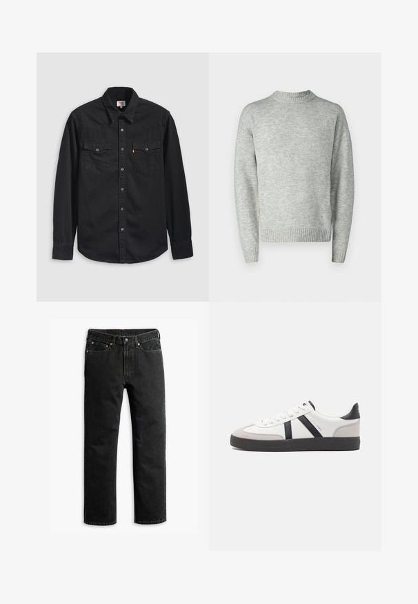 Pull en laine gris clair, texture tricotée, col rond, manches longues, bords côtelés et poignets, coupe décontractée, design minimaliste.; Chemise en denim noir avec col boutonné, deux poches poitrine et un col pointu avec des détails de couture visibles.; Jean en denim noir à jambe droite avec cinq poches, passants de ceinture et fermeture par bouton à la taille, disposé à plat sur un fond blanc.; Baskets blanches avec des accents noirs et gris, présentant un embout texturé gris, une semelle en caoutchouc noir et des lacets plats blancs. Design épuré, style minimaliste.