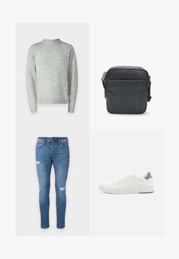 Lys grå pullover sweater, strikket tekstur, rund hals, lange ærmer, ribbede kanter og manchetter, afslappet pasform, minimalistisk design.; Fadede blå denim jeans med slim fit, der har slidte områder ved knæene, en knaplukning og fem-lomme design.; Hvid sneaker lavet af glat læder, rund tå, minimalistisk design, grå hælafsats og tekstureret gummisål.; Sort læder crossbody taske med en tekstureret finish, der har en top zip-lukning og en frontlomme med lynlås. Kompakt og kvadratisk design.
