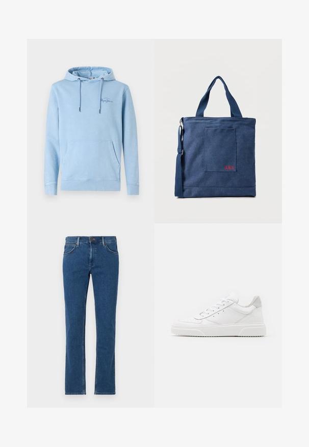 Helle blaue Kapuzenjacke mit einer Vordertasche, verstellbaren Kordeln und dezenten Logodetails. Hergestellt aus weicher Stoff mit einer lässigen Passform.; Blaue Straight-Leg-Denim-Jeans mit vorderer Knopf- und Reißverschluss, Gürtelschlaufen und Fünf-Taschen-Design auf weißem Hintergrund.; Weiße Leder-Sneaker mit glatter Oberfläche, rundem Zehenbereich, flachen Schnürsenkeln und strukturiertem Schuhsohlen. Graues Wildleder-Detail an der Ferse.; Blauer Canvas-Einkaufstasche mit Vordertasche und roter "O.N.S" Stickerei, ausgestattet mit zwei Griffen und einem verstellbaren Schulterriemen.
