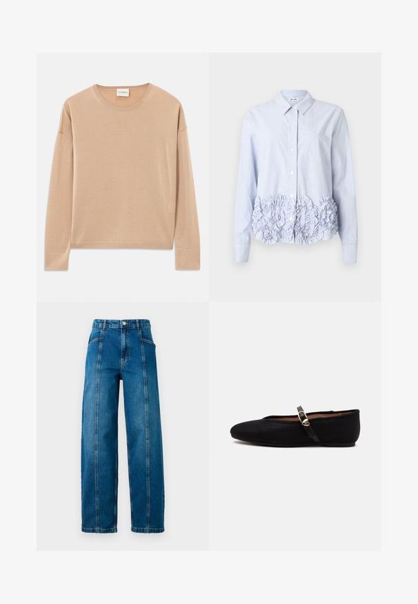 Beige Langarmpullover mit rundem Halsausschnitt, lockerer Passform und Rippdetails an den Bündchen und dem Saum. Weiche, glatte Textur mit minimalistischem Design.; Hellblau gestreifte Hemdbluse mit langen Ärmeln und gerafftem Stoffdetail am Saum. Verfügt über einen klassischen Kragen und eine Vorderseite mit Tasche.; Hochtaillierte blaue Jeans aus Denim mit weit geschnittenen Beinen, vertikalen Nähten vorne, Seitentaschen, Gürtelschlaufen und einem Knopfverschluss.; Schwarzer strukturierter flacher Schuh mit dünnem Riemen und kleiner goldener herzförmiger Schnalle an der Seite.