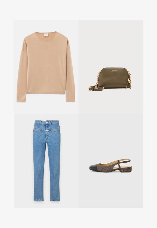 Beige trui met lange mouwen en een ronde hals, relaxte pasvorm en geribbelde details bij de manchetten en onderrand. Zachte, gladde textuur met een minimalistisch ontwerp.; Lichtblauwe denim jeans met een recht gesneden ontwerp, vijf zakken en een knoopsluiting. Heeft een licht vervaagde textuur en minimale stiksels.; Slingback schoen met een bruine gestreepte stoffen bovenkant en een zwarte leren neus. Heeft een kleine blokhak en een gespstrap.; Michael Kors crossbodytas van olijfgroen leer met gouden kettingband, ritssluiting en gouden logo-bedel op een neutrale achtergrond.