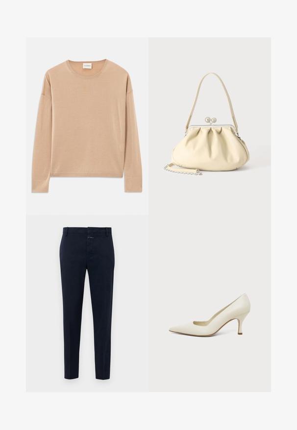 Jersey de manga larga color beige con cuello redondo, ajuste relajado y detalles de canalé en los puños y el dobladillo. Textura suave y lisa con un diseño minimalista.; Pantalones de hombre ajustados de color azul marino con trabillas para cinturón y cierre de cremallera, mostrados sobre un fondo blanco liso.; Zapato de tacón alto de cuero color crema con punta puntiaguda y tacón delgado de altura media sobre un fondo claro y liso.; Bolso de mano de piel suave color crema con diseño fruncido, cierre de marco plateado, asa corta y una correa de cadena desmontable.
