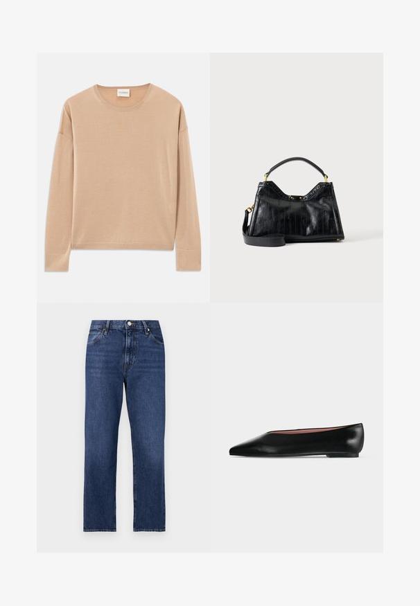 Beige Langarmpullover mit rundem Halsausschnitt, lockerer Passform und Rippdetails an den Bündchen und dem Saum. Weiche, glatte Textur mit minimalistischem Design.; Jeans aus Denim in einem dunklen Blauton. Gerades Bein Design mit fünf Taschen, Frontknopfverschluss und kontrastierenden Stickereidetails.; Schwarzer flacher Damenleder-Schuh mit spitzer Kappe und niedrigem Absatz, von der Seite auf einfarbigem hellgrauem Hintergrund gezeigt.; Schwarze Lederhandtasche mit strukturierten vertikalen Linien, kurzem Griff, abnehmbarem langem Riemen und goldfarbenen Metallakzenten auf einfarbigem Hintergrund.