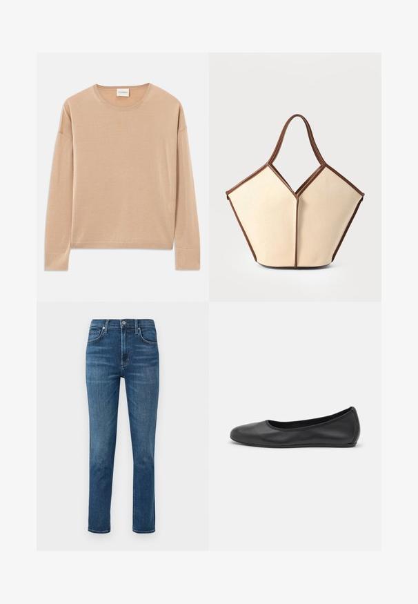 Pull à manches longues beige avec un col rond, coupe décontractée et finitions côtelées aux poignets et à l'ourlet. Texture douce et lisse avec un design minimal.; Jean en denim bleu foncé avec une coupe droite, un design à cinq poches et un bouton en métal à la taille. Légères décolorations et détails de couture.; Ballerines en cuir noir avec un bout rond, texture lisse, détails de couture minimalistes et design de semelle flexible.; Sac en toile avec un corps crème et des accents en cuir marron. Le design présente une ouverture en V unique et deux poignées courbées.