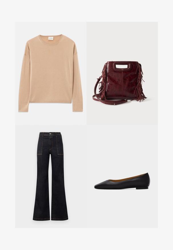 Jersey de manga larga color beige con cuello redondo, ajuste relajado y detalles de canalé en los puños y el dobladillo. Textura suave y lisa con un diseño minimalista.; Vaqueros de mezclilla oscuros acampanados con una cintura alta, con costuras naranjas y dos bolsillos frontales. Textura suave, acabado limpio, diseño clásico.; Zapato plano de punta puntiaguda de cuero negro con tacón bajo y acabado liso, mostrado de perfil sobre un fondo gris claro.; Bolso cuadrado de cuero burdeos con asa recortada, detalles de flecos laterales y una correa de hombro ajustable sobre un fondo liso.