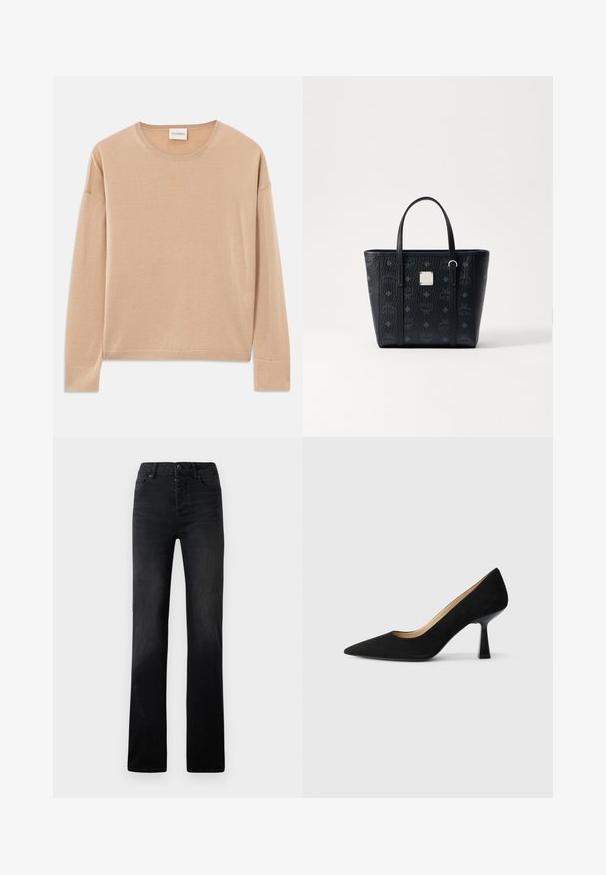 Beige langærmet sweater med rund halsudskæring, afslappet pasform og ribbede detaljer ved ærmer og nederkant. Blød, glat tekstur med minimalistisk design.; Sorte denim straight-leg jeans med subtil falmning, fem lommer og knaplukning. Glat tekstur med minimale syningsdetaljer.; Sorte ruskinds højhælede pumps med spids tå, der har en blank sort blokhæl og en glat indvendig foring.; Sort læder tote-taske med tekstureret overflade, der har dobbelthåndtag og kvadratisk logoaccent. Monogrammønster dækker ydersiden.