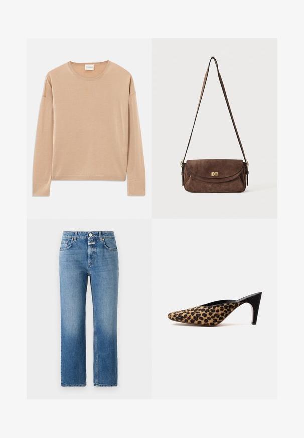 Beige trui met lange mouwen en een ronde hals, relaxte pasvorm en geribbelde details bij de manchetten en onderrand. Zachte, gladde textuur met een minimalistisch ontwerp.; CLOSED MILO - Straight leg jeans - mid blue; Puntschoen muilezool met luipaardprint bovenwerk en zwarte middelhoog stilettohak op een effen witte achtergrond.; Bruine suède schoudertas met een lange verstelbare band en een gouden draaisluiting op de voorflap.