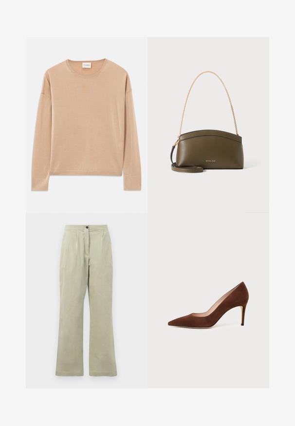 Beige trui met lange mouwen en een ronde hals, relaxte pasvorm en geribbelde details bij de manchetten en onderrand. Zachte, gladde textuur met een minimalistisch ontwerp.; Lichtgroene wijde broek van zacht materiaal, met een knoopsluiting aan de voorkant, plooien en een nette zoom.; Bruine suède pumps met een spits toelopende neus en een smalle naaldhak op een witte achtergrond.; Olijfgroene Michael Kors-handtas met gouden kettingschouderband, gebogen bovenkant en klein goud logo aan de voorkant, getoond tegen een witte achtergrond.