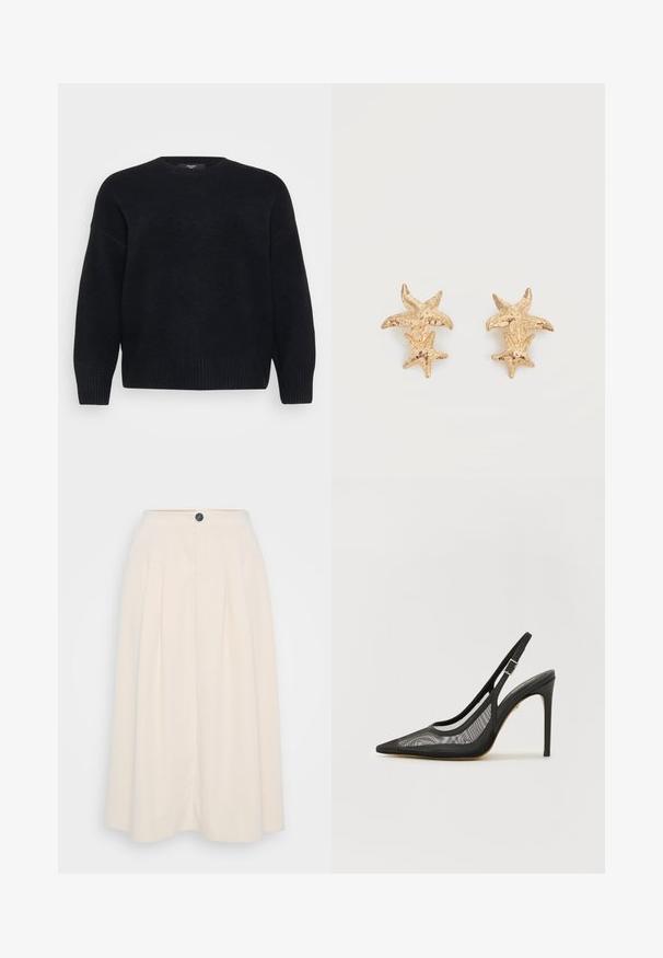 Vero Moda Curve Knitted VMCBOOM Knitted - Striktrøje - black; En cremefarvet midi-nederdel med læg, frontknaplukning og en glat tekstur, designet til en afslappet pasform.; Sort spidse pumps med mesh-design, ankelrem med sølvspænde og høj stiletto-hæl. Glat tekstur generelt.; Øreringe i guldfarve med to teksturerede søstjerneformer, en større og en mindre på hver ørering, mod en hvid baggrund.