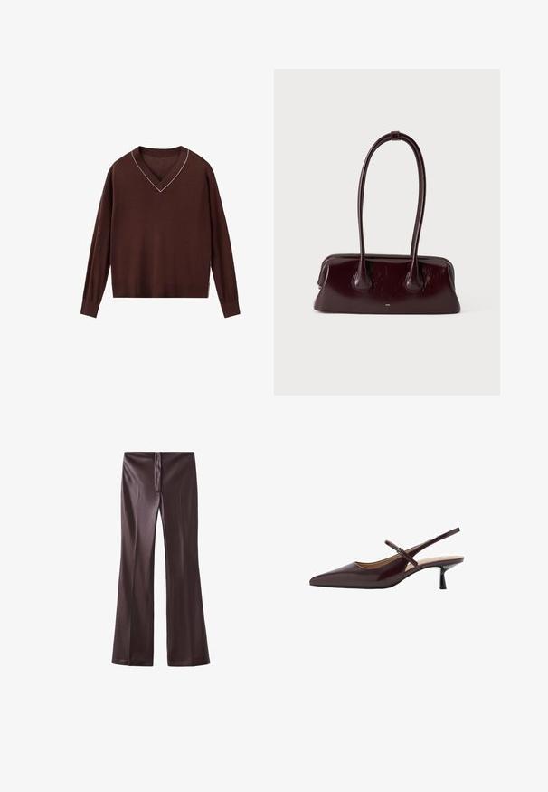 Brun v-hals sweater med lange ærmer, lavet af glat stof. Har en kontrastfuld hvid kant langs halsudskæringen.; Brune flarebukser lavet af et glat stof med en elegant finish. Har en lynlås foran og en ren talje.; Bordeaux farvede læder slingback hæle med spidse tæer, slank ankelrem og kitten heel-design. Glat tekstur med en blank finish.; Mørkebrunt blankt læderhåndtaske med lange, tynde håndtag og en struktureret rektangulær bund på en ensfarvet lys baggrund.