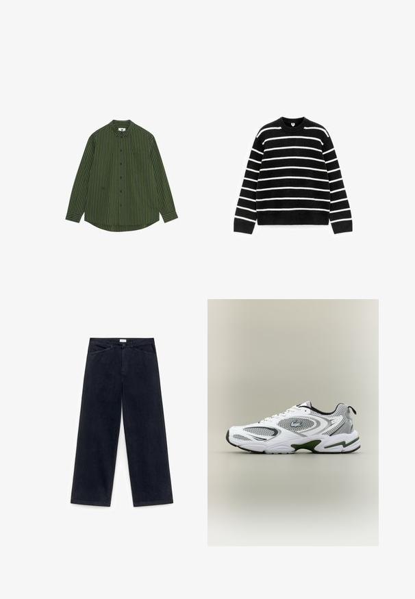 Sort-hvid stribet sweater med rund halsudskæring og ribkant ved ærmerne. Strikket tekstur, afslappet pasform og lige vandrette striber over det hele.; Langærmet skjorte i mørkegrønne og marineblå lodrette striber, med en knappet krave, lomme på venstre bryst og en buet kant.; Bukser med vide ben i mørkeblå denim. Har en standard talje, frontlynlås og lommer med en glat, mat finish.; Hvid og grå sporty løbesko med mesh-paneler, grønne detaljer, sorte elementer og et logo på siden, vist fra ydersiden.