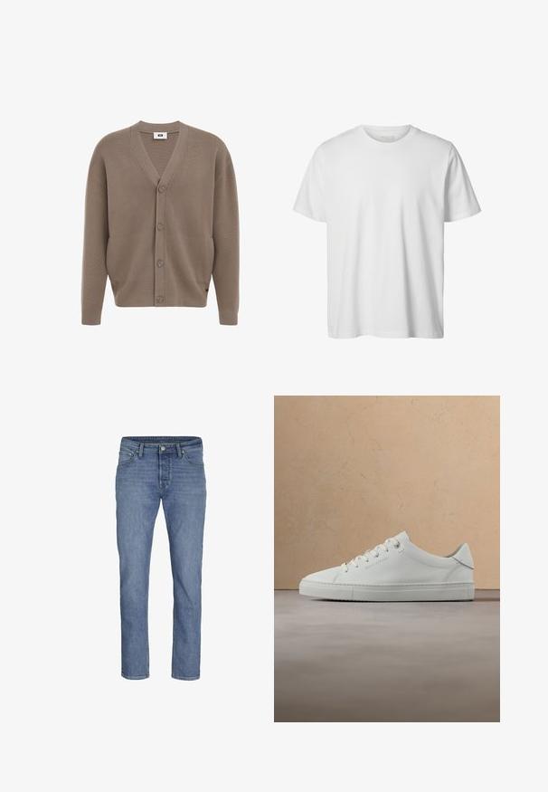 Brun strikket cardigan med V-hals, fem knapper foran, to sidelommer og ribbede manchetter. Blød tekstur, afslappet pasform.; Enkelt hvid T-shirt med korte ærmer og rund hals, løs pasform og uden synlige logoer eller designs foran.; Lyseblå denimjeans med lige pasform, fem lommer og en frontknaplukning med kontraststikninger.; Hvid læderlav-top sneaker med snørebånd, placeret i luften over et struktureret beige tæppe, tæt på et rundt træ sofabord med bøger.