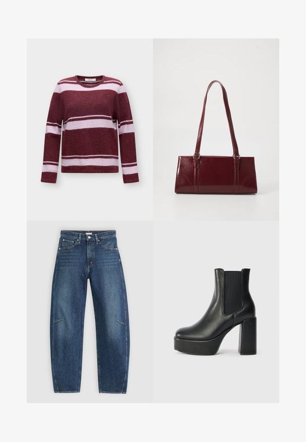 Pull tricoté à manches longues avec des rayures horizontales bordeaux et rose clair et un col rond sur un fond uni.; Jean en denim bleu foncé avec une coupe droite, dotés de poches avant, de surpiqûres contrastées et d'une texture légèrement délavée sur les jambes.; Bottine noire en cuir avec un talon large, panneaux élastiques sur les côtés et une texture lisse. Dispose d'une semelle plateforme pour plus de hauteur.; Sac à main bordeaux en matériau brillant, de forme rectangulaire, avec deux anses et des accents légèrement courbés à l'avant.